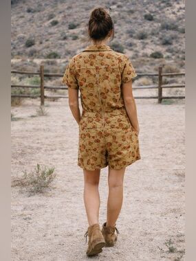 Toad&Co zip-front utility romper in a unique earthy floral print.